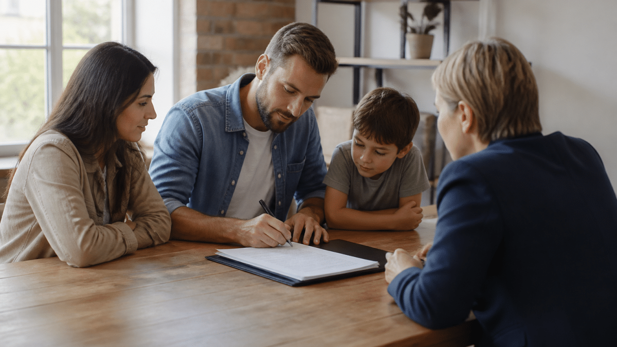 Famille signant documents immobiliers autour table bois