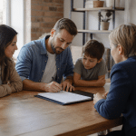 Famille signant documents immobiliers autour table bois