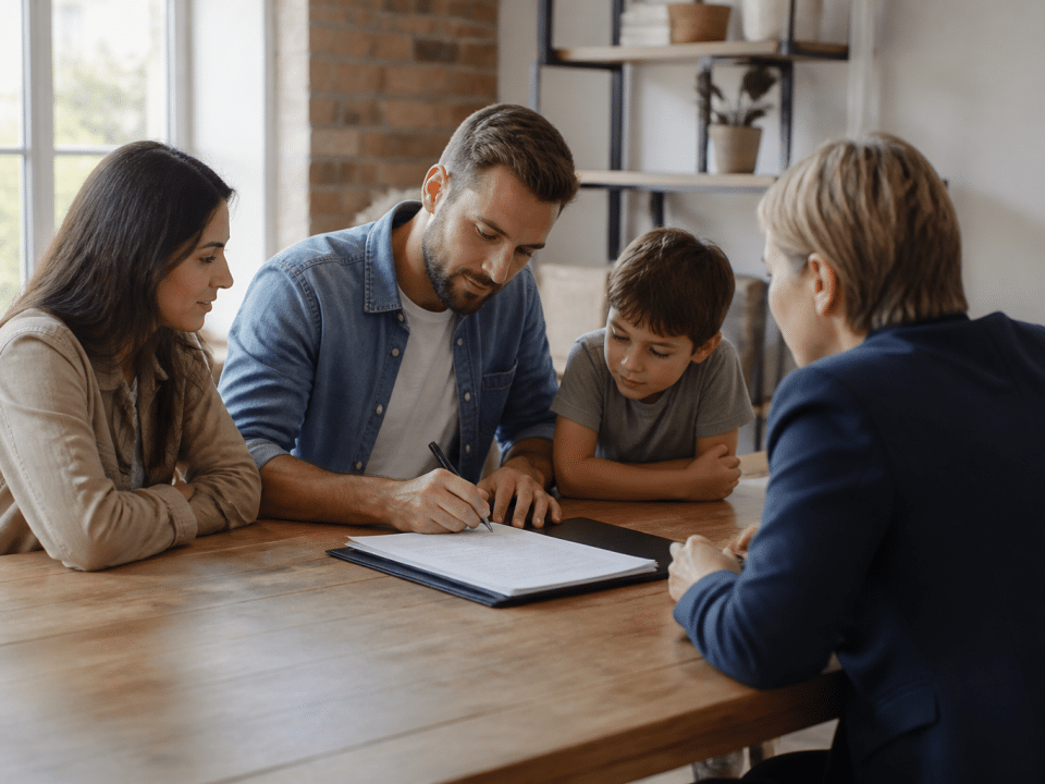 Famille signant documents immobiliers autour table bois