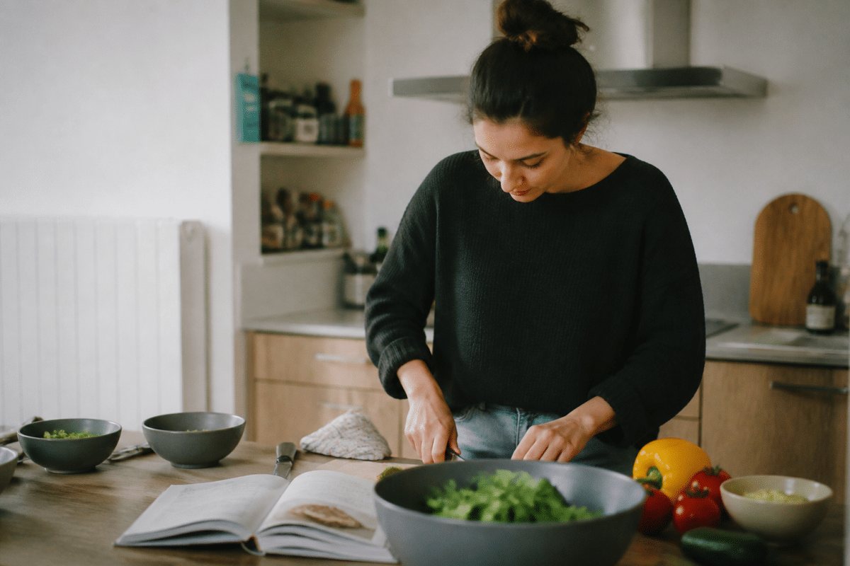 Personne cuisinant seule avec livre de recettes ouvert