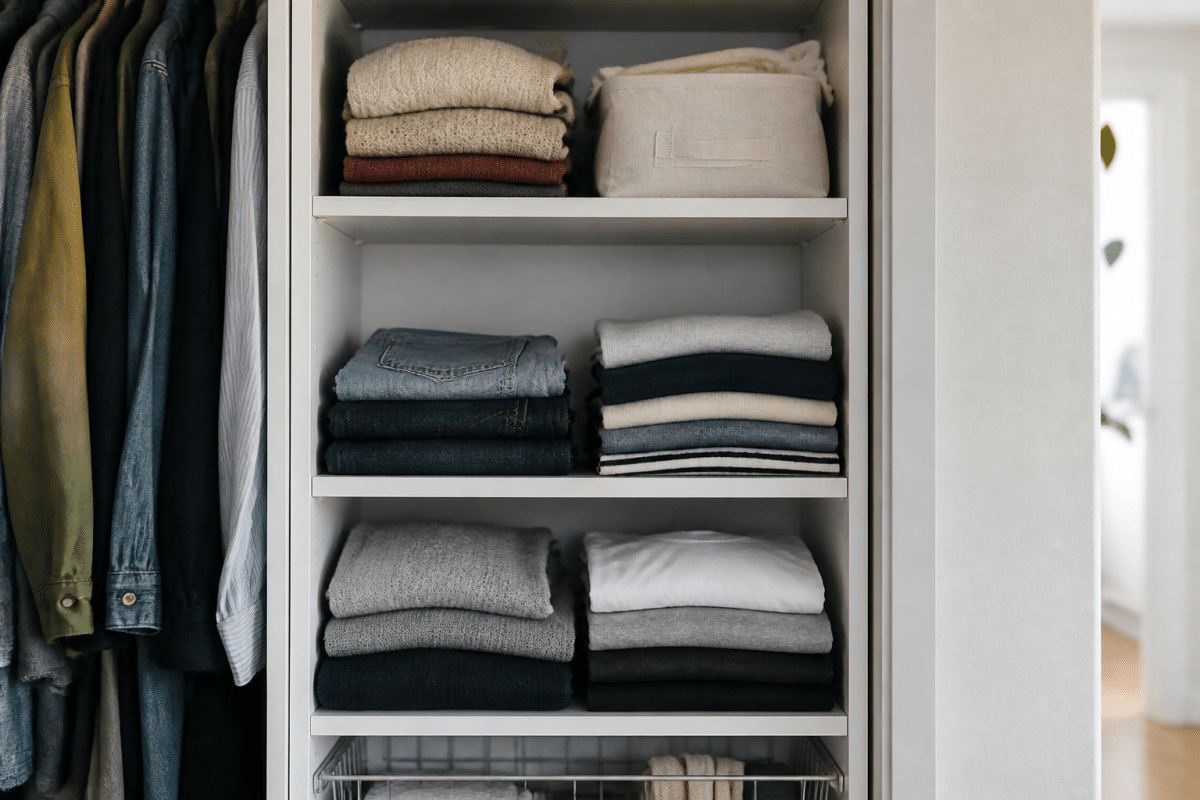 Armoire organisee avec vetements plies et articles ranges neatement