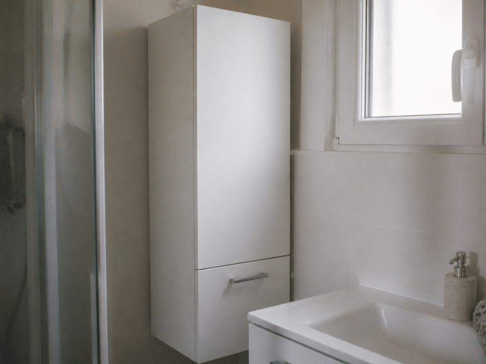 Armoire blanche compacte adossee au mur salle bain