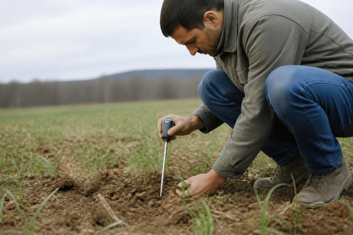 Main testing soil moisture at five centimeters depth