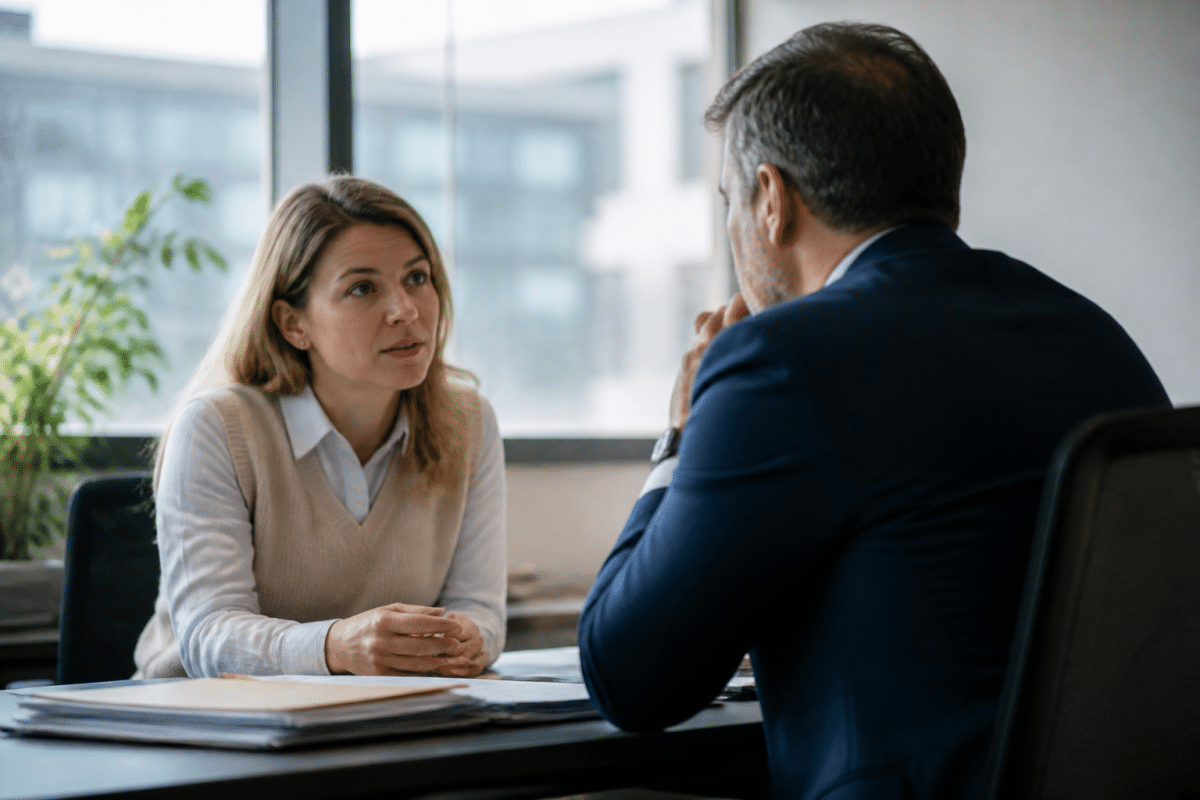 Employe discutant avec son chef dans un bureau professionnel