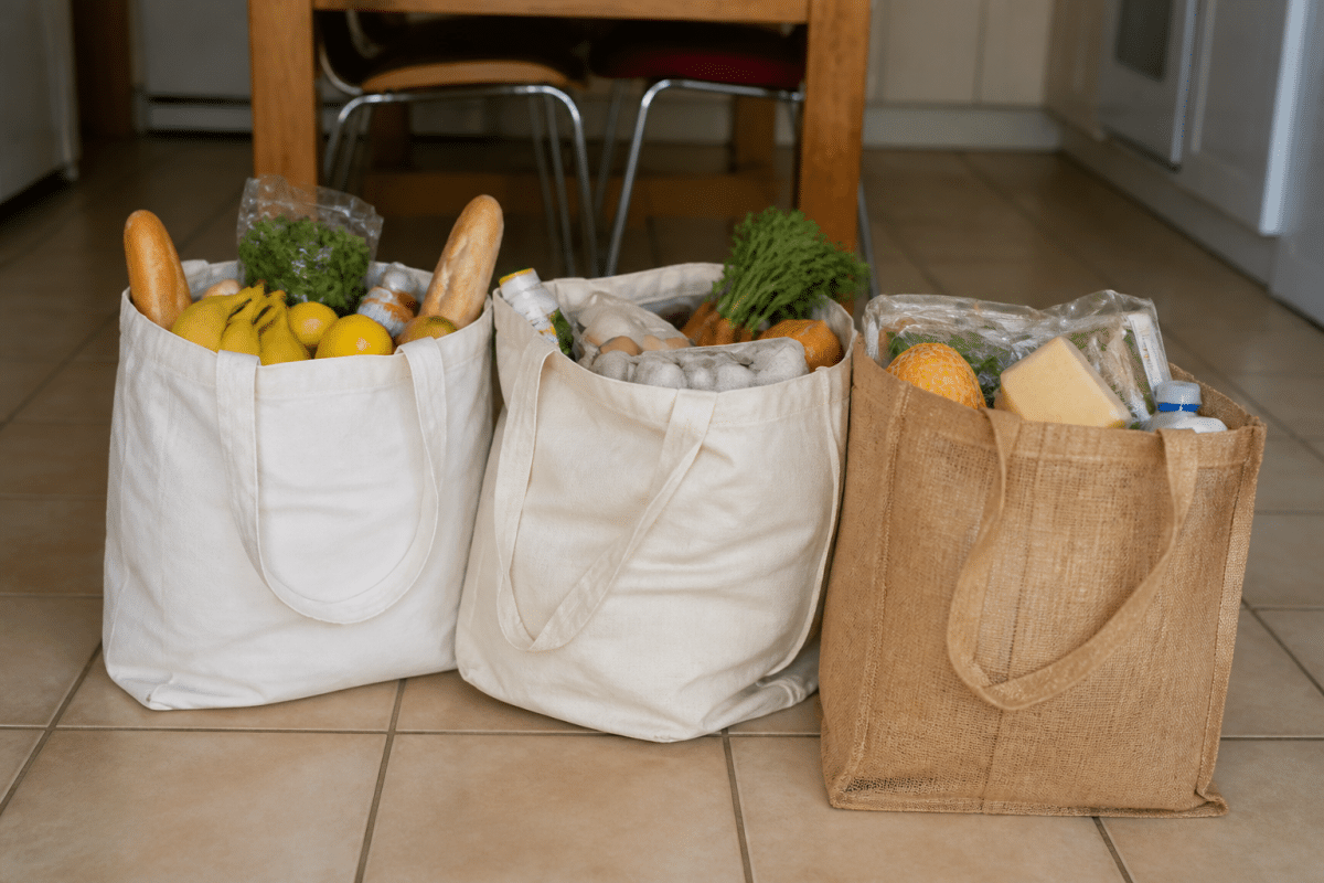 Trois sacs courses pleins avec prix affichés comparant budgets familiaux