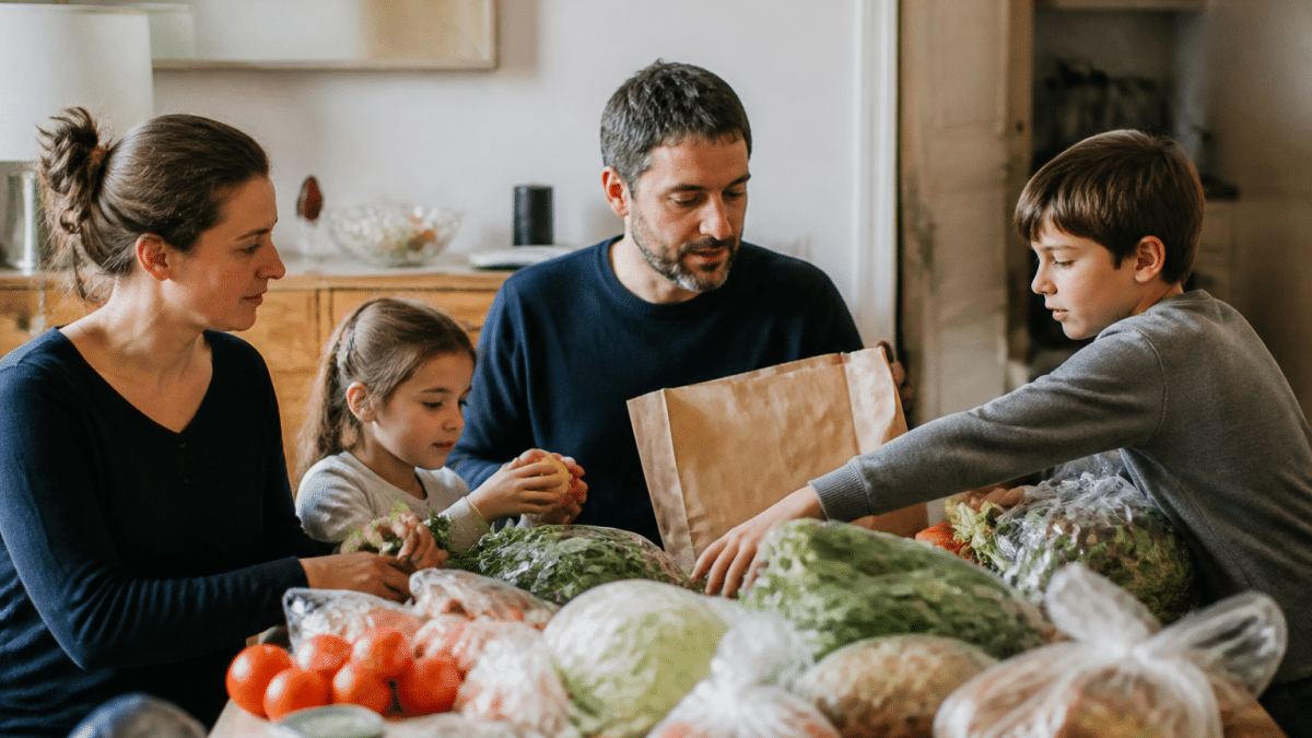 Famille de quatre personnes autour table avec courses alimentaires