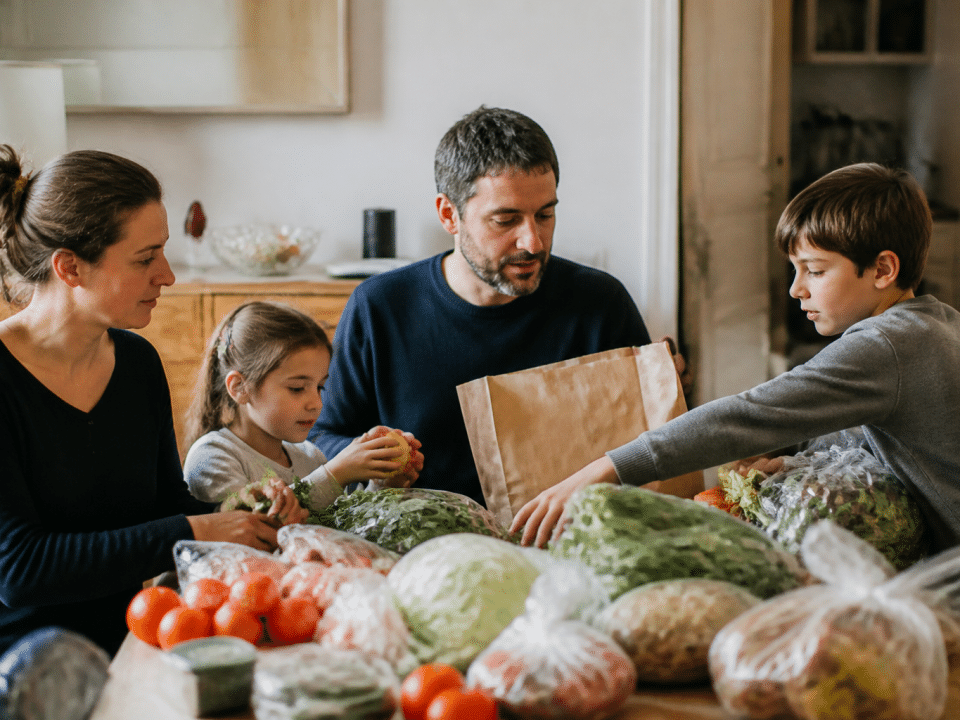 Famille de quatre personnes autour table avec courses alimentaires