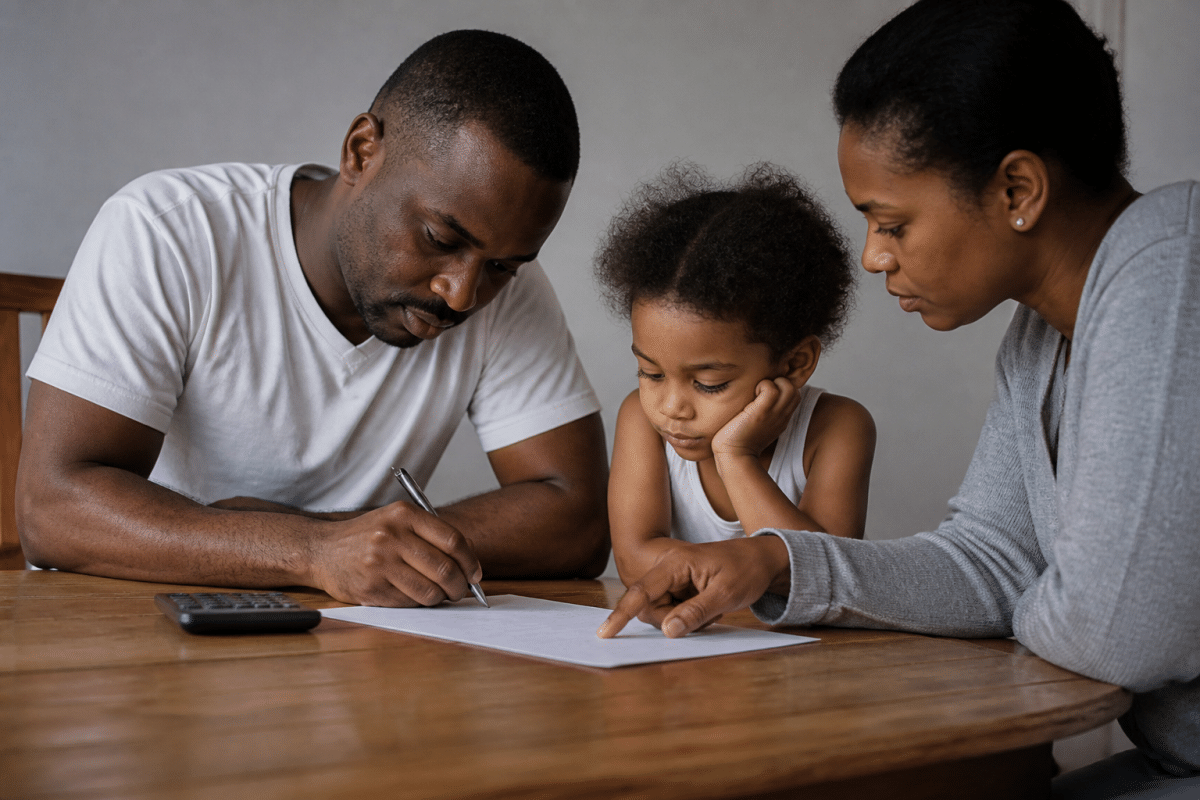 Famille notant revenus et dépenses sur feuille papier