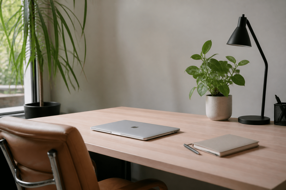 Bureau organise avec bureau clair et plante verte