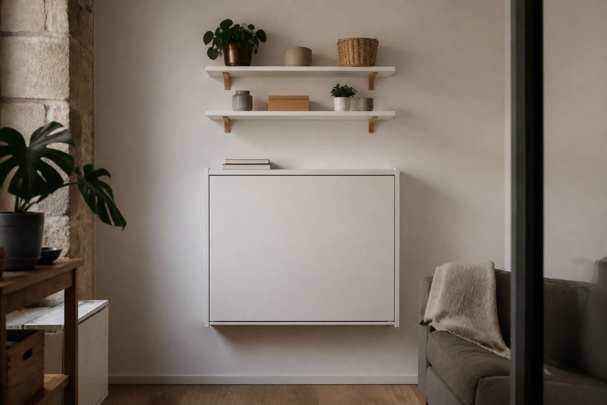 Bureau mural replié avec étagères suspendues blanches organisées