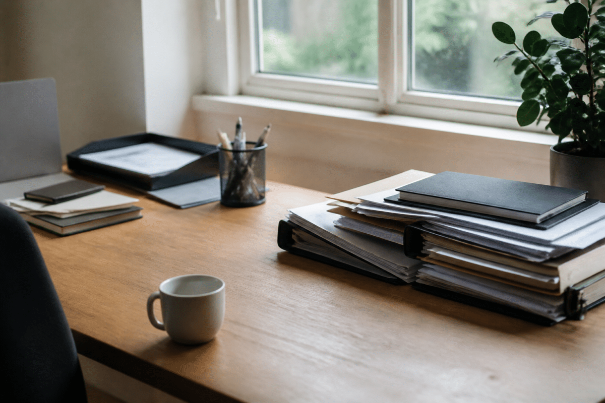 Bureau organisé avec documents rangés et tasse vide