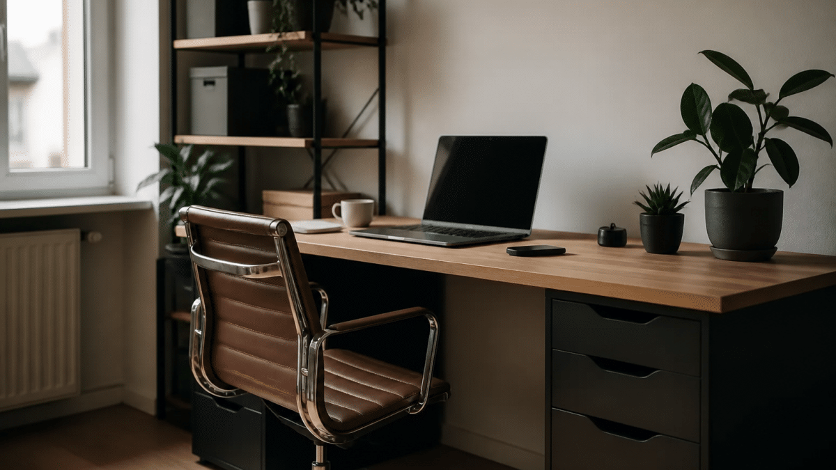 Bureau organise avec ordinateur, chaise et rangements ordonnes