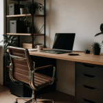 Bureau organise avec ordinateur, chaise et rangements ordonnes