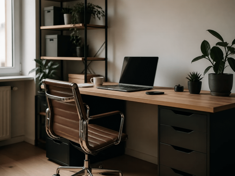 Bureau organise avec ordinateur, chaise et rangements ordonnes