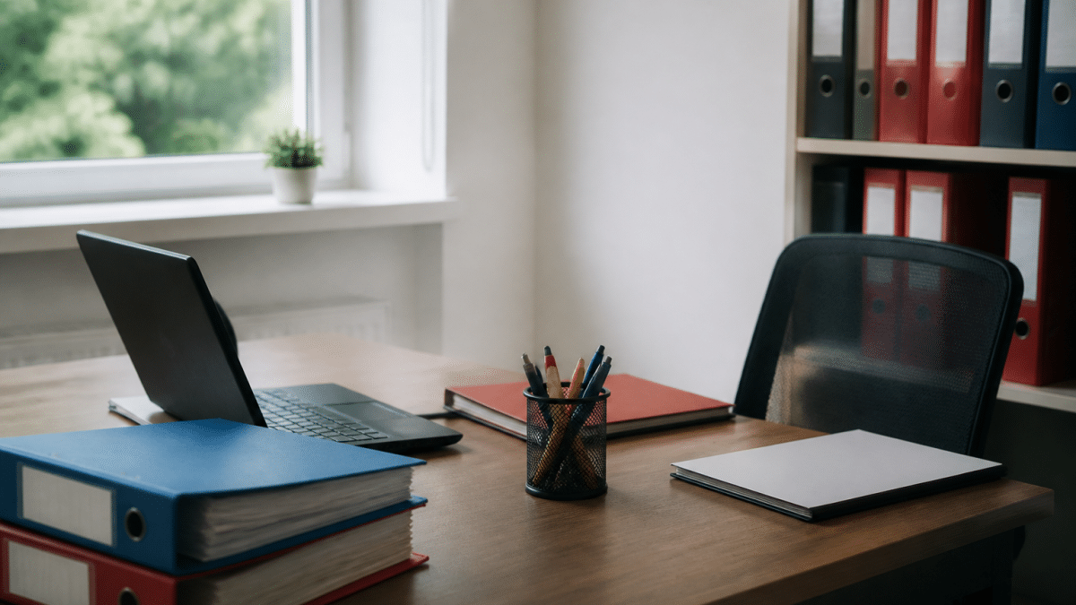 Bureau rangé avec classeurs, stylos et ordinateur portable organisés