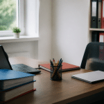 Bureau rangé avec classeurs, stylos et ordinateur portable organisés