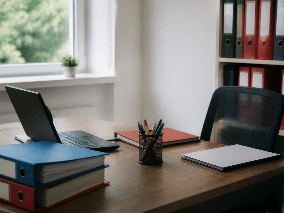Bureau rangé avec classeurs, stylos et ordinateur portable organisés