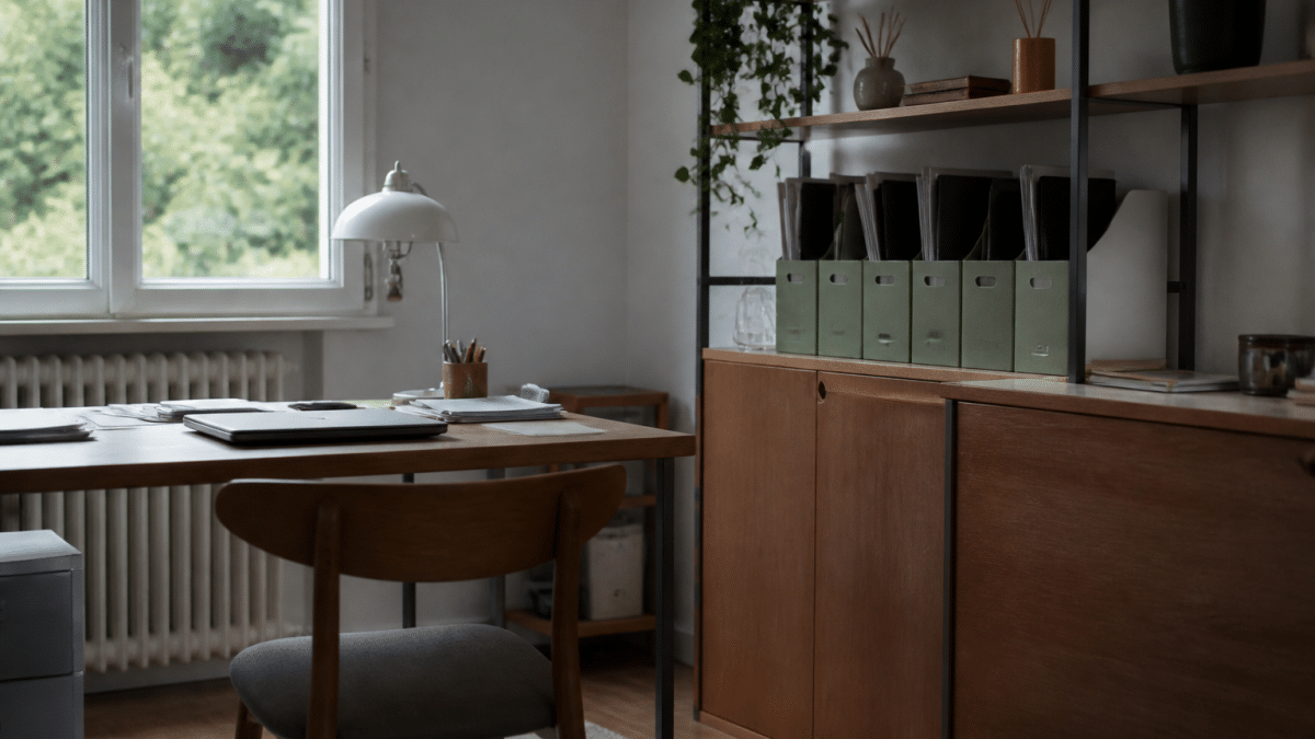 Bureau organise avec classeurs verticaux et etageres murales