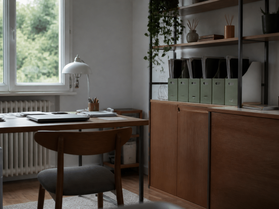 Bureau organise avec classeurs verticaux et etageres murales