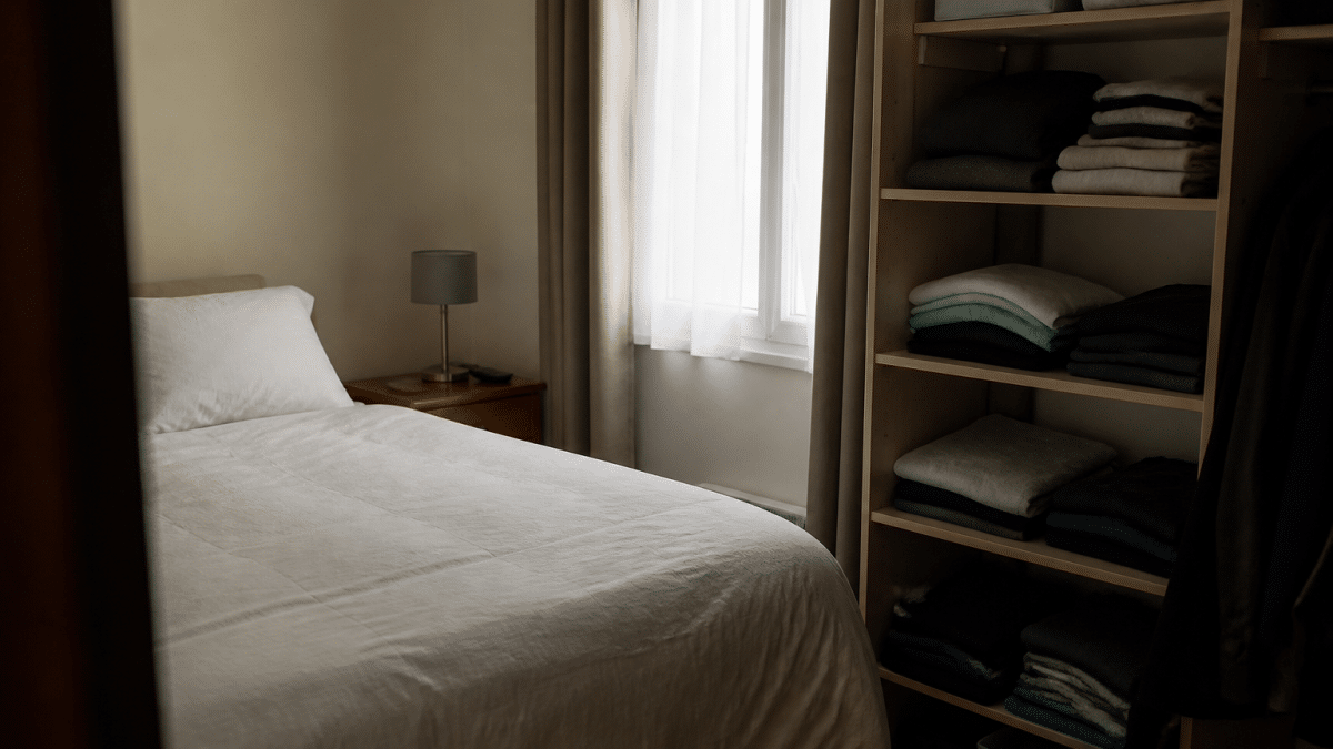 Chambre organisee avec lit fait, vetements plies sur etagere