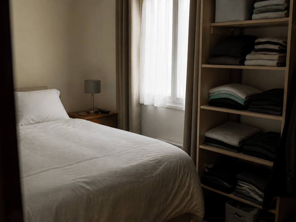 Chambre organisee avec lit fait, vetements plies sur etagere