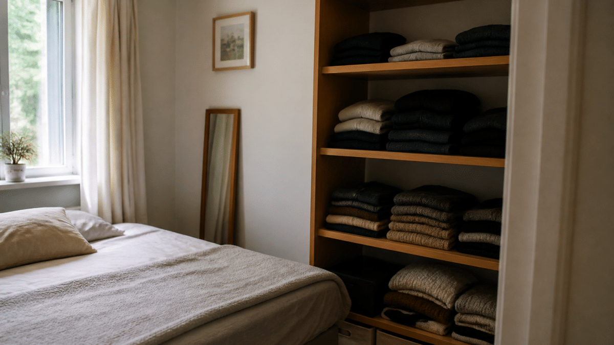 Chambre organisee avec lit fait et vetements plies sur etageres
