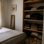 Chambre organisee avec lit fait et vetements plies sur etageres