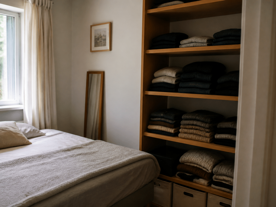 Chambre organisee avec lit fait et vetements plies sur etageres