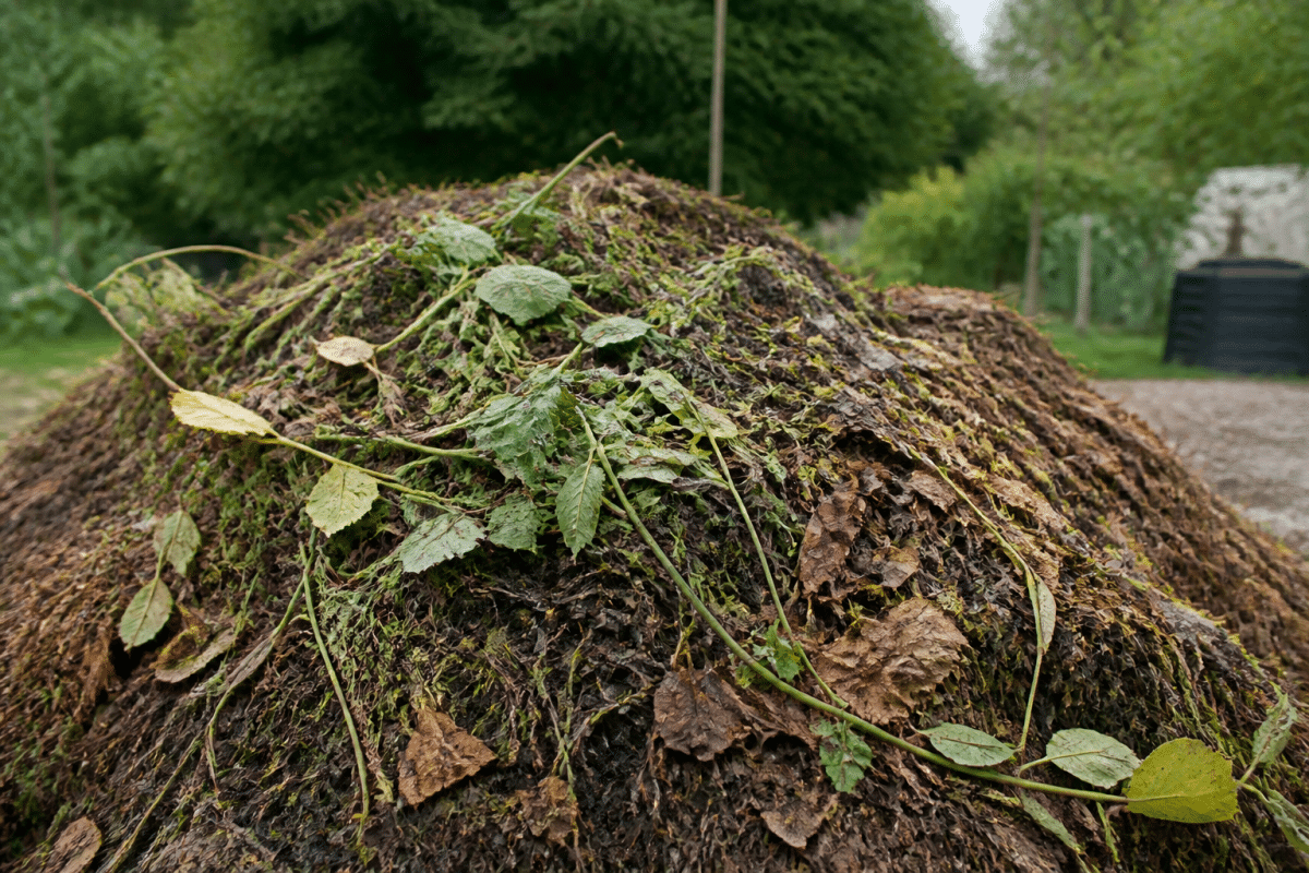 Tas de compost avec dechets verts et bruns melanges