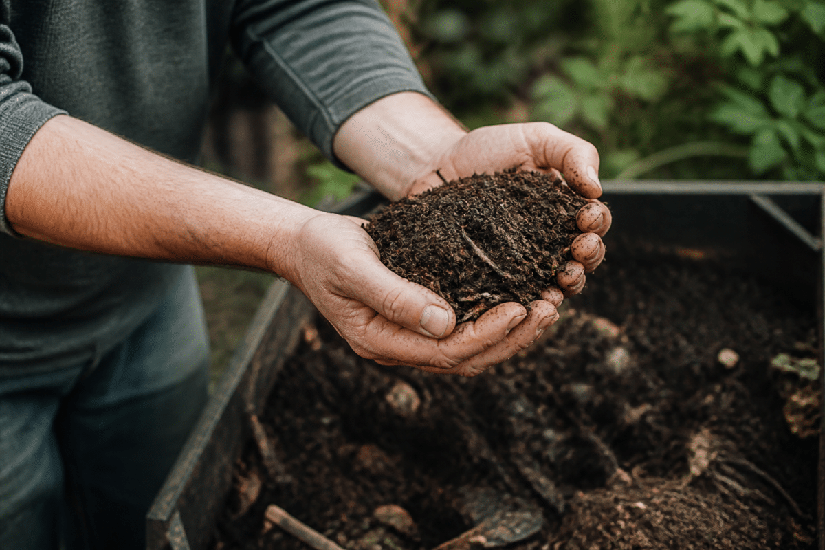 Main holding dark crumbly compost with earthy forest smell