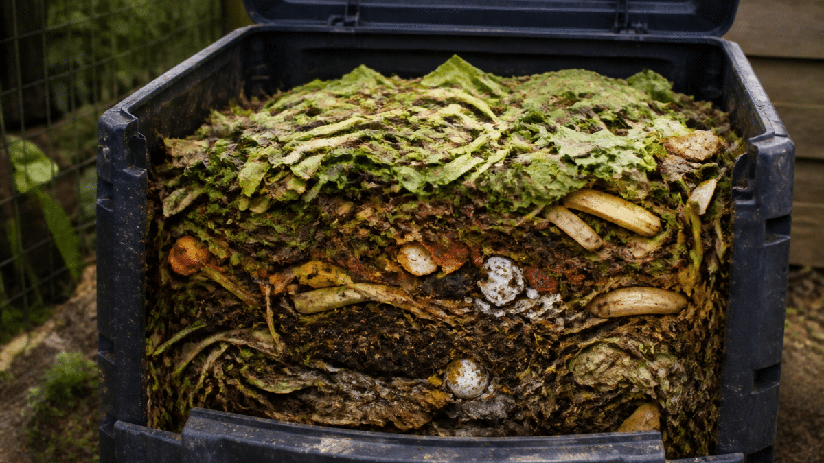 Bac de compostage rempli de dechets organiques empiles verticalement