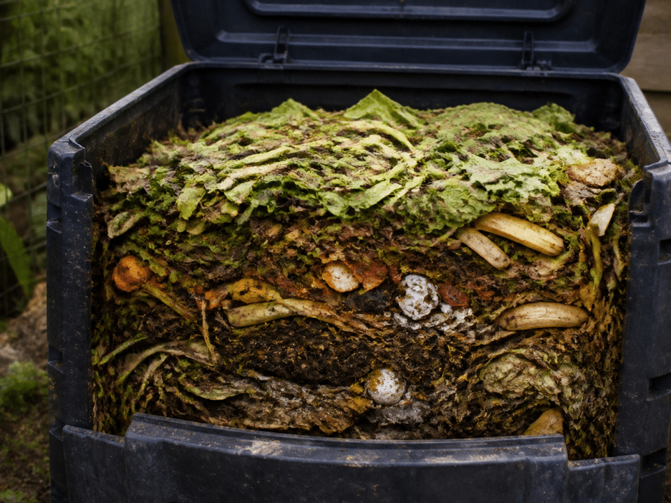 Bac de compostage rempli de dechets organiques empiles verticalement