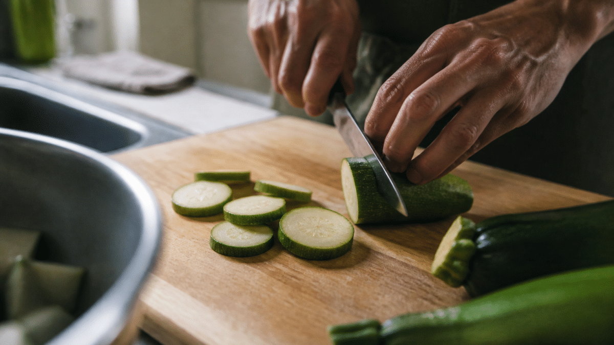 Mains tranchant courgettes vertes sur planche de cuisine bois