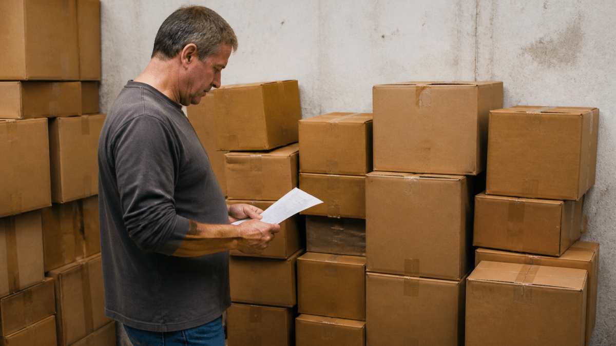 Cartons empiles contre mur avec homme tenant liste papier
