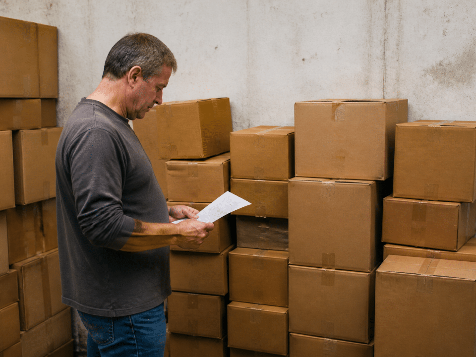 Cartons empiles contre mur avec homme tenant liste papier