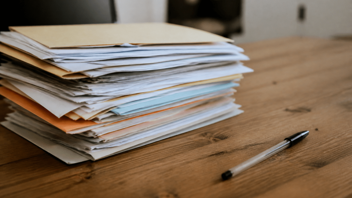 Pile de documents administratifs posee sur bureau avec stylo
