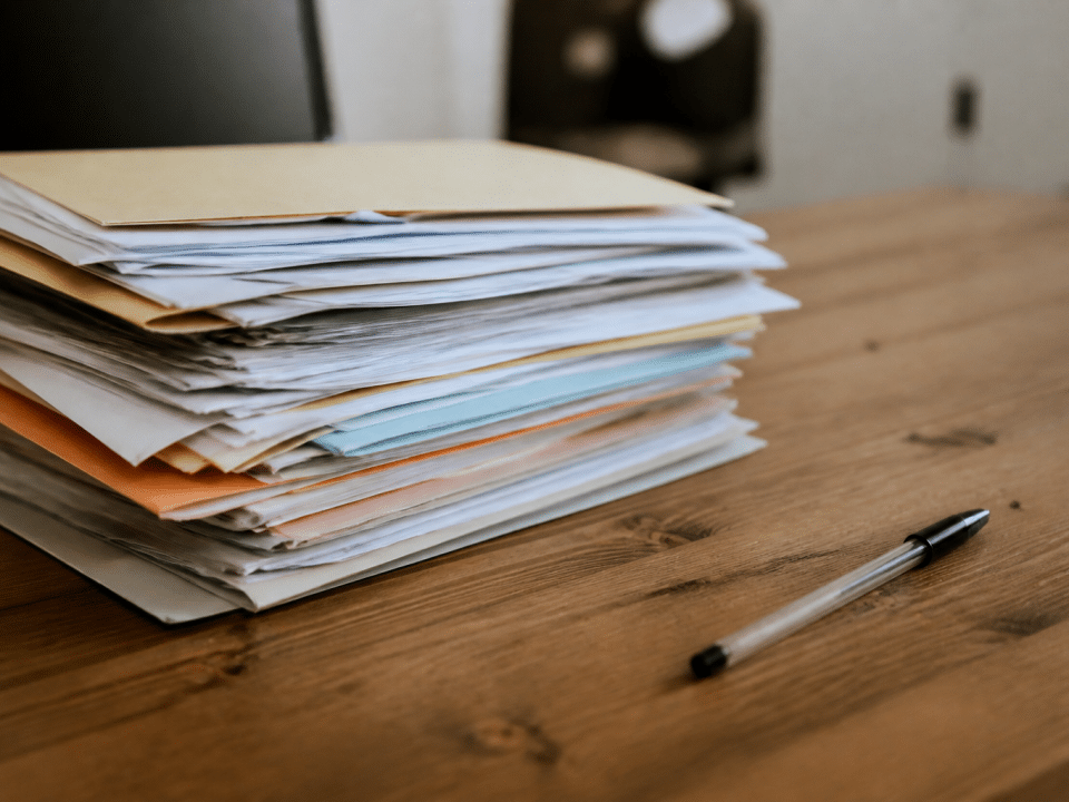 Pile de documents administratifs posee sur bureau avec stylo