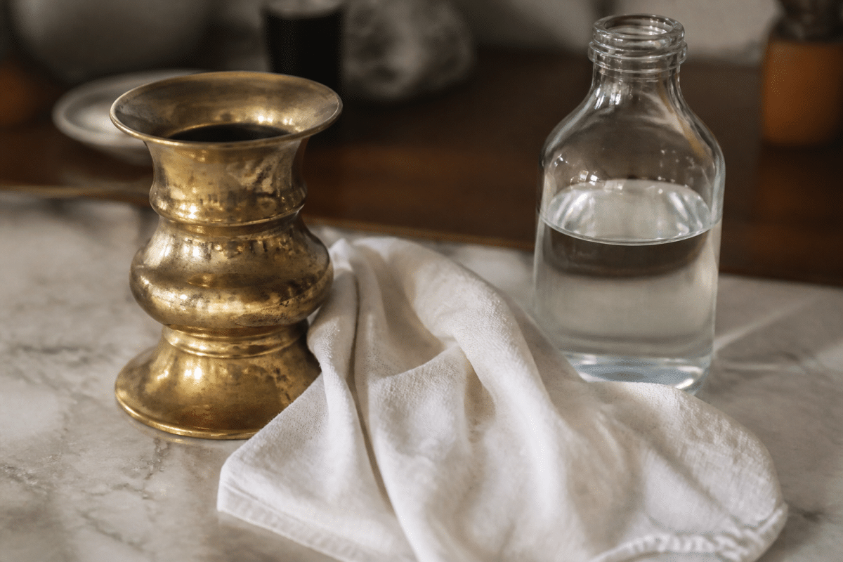 Objet en laiton avec chiffon doux et vinaigre blanc