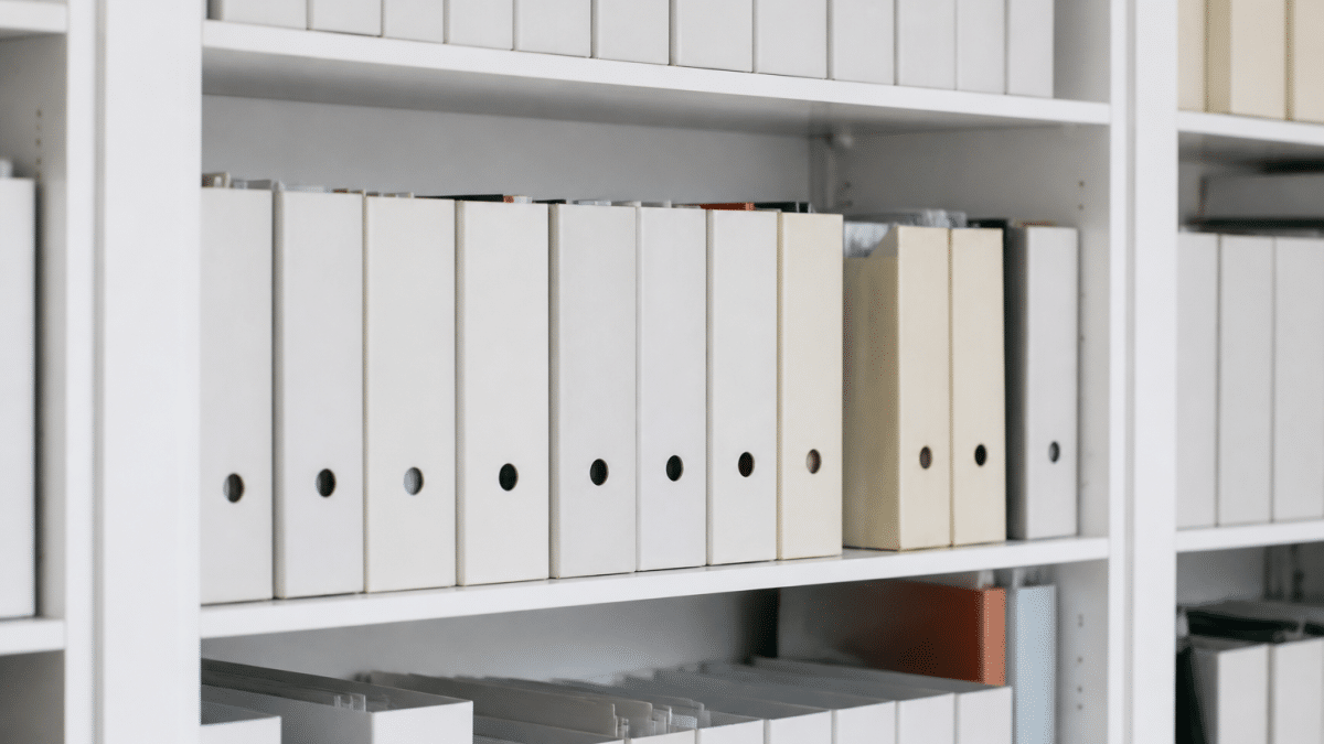 Etageres blanches remplies de boites rangees verticalement alignees