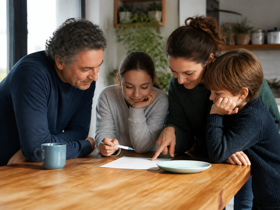 Famille autour table consultant planning taches menageres ensemble