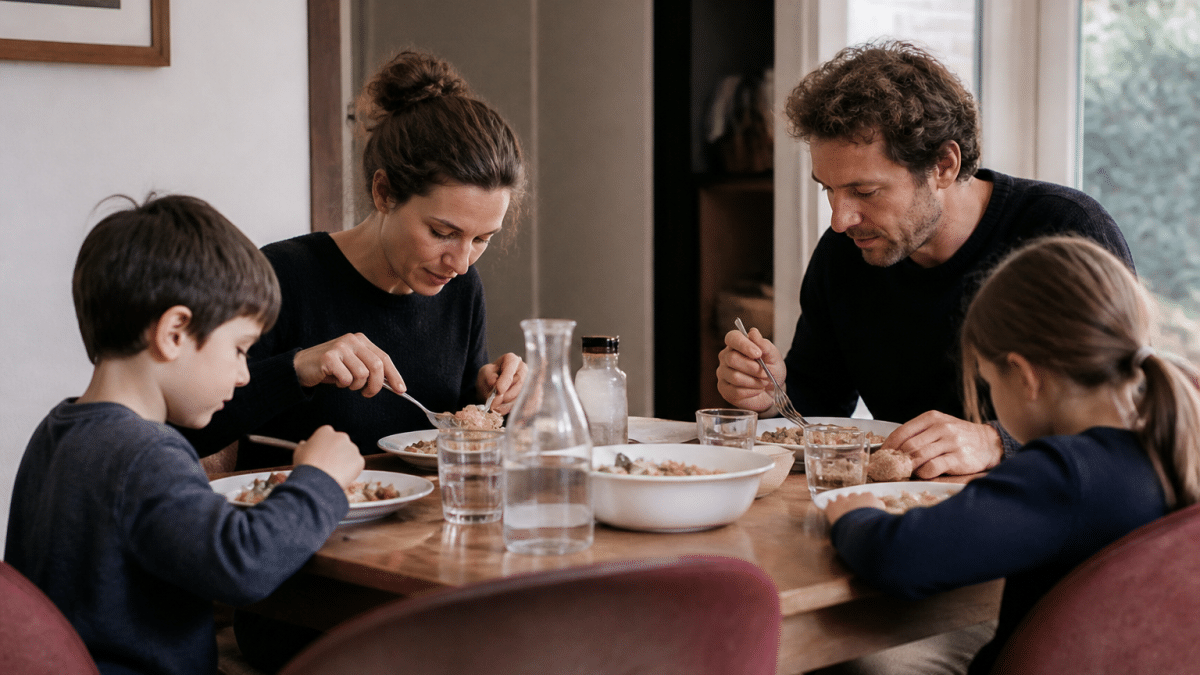 Famille de quatre personnes assise autour table repas