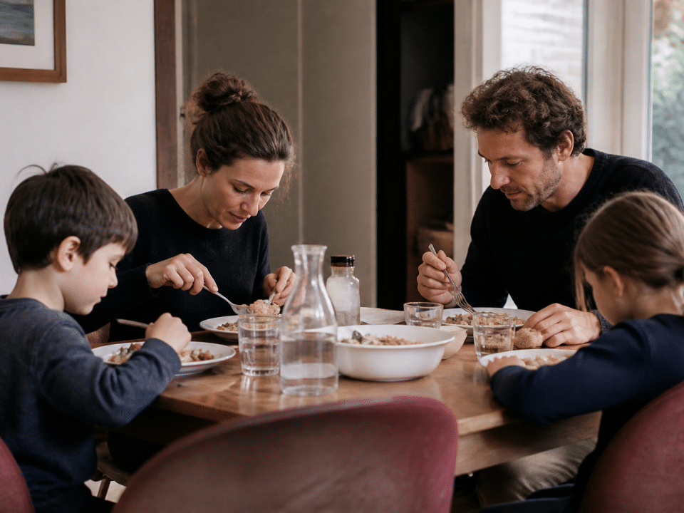 Famille de quatre personnes assise autour table repas