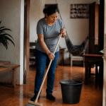 Femme tenant balai et seau en position nettoyage actif