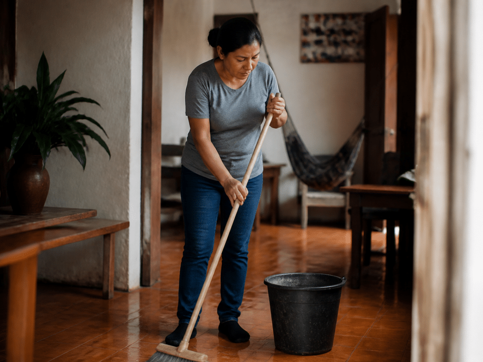 Femme tenant balai et seau en position nettoyage actif