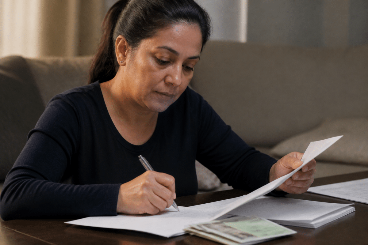 Personne remplissant formulaires administratifs avec documents officiels