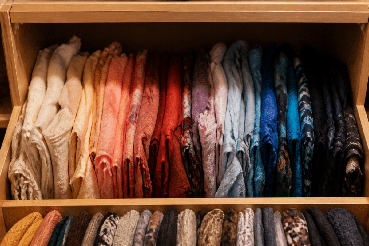 Foulards organises par teintes et matieres en rangement ordonne