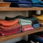 Foulards colores plies sur etagere bois arrangement ordonné