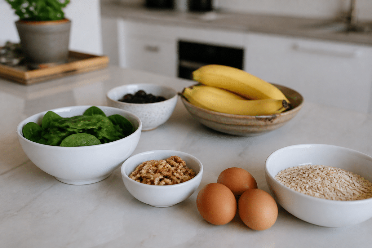 Ingredients simples disposes sur table de cuisine blanche
