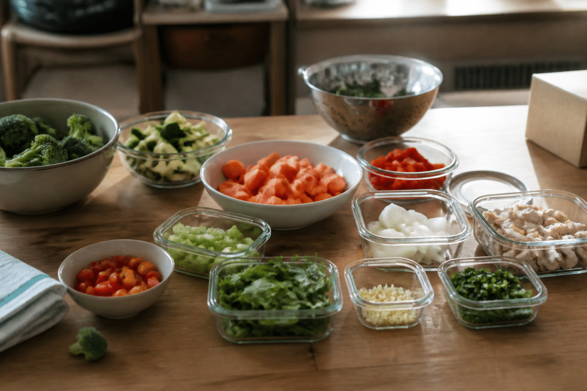 Liste courses organisee avec ingredients prepares sur table