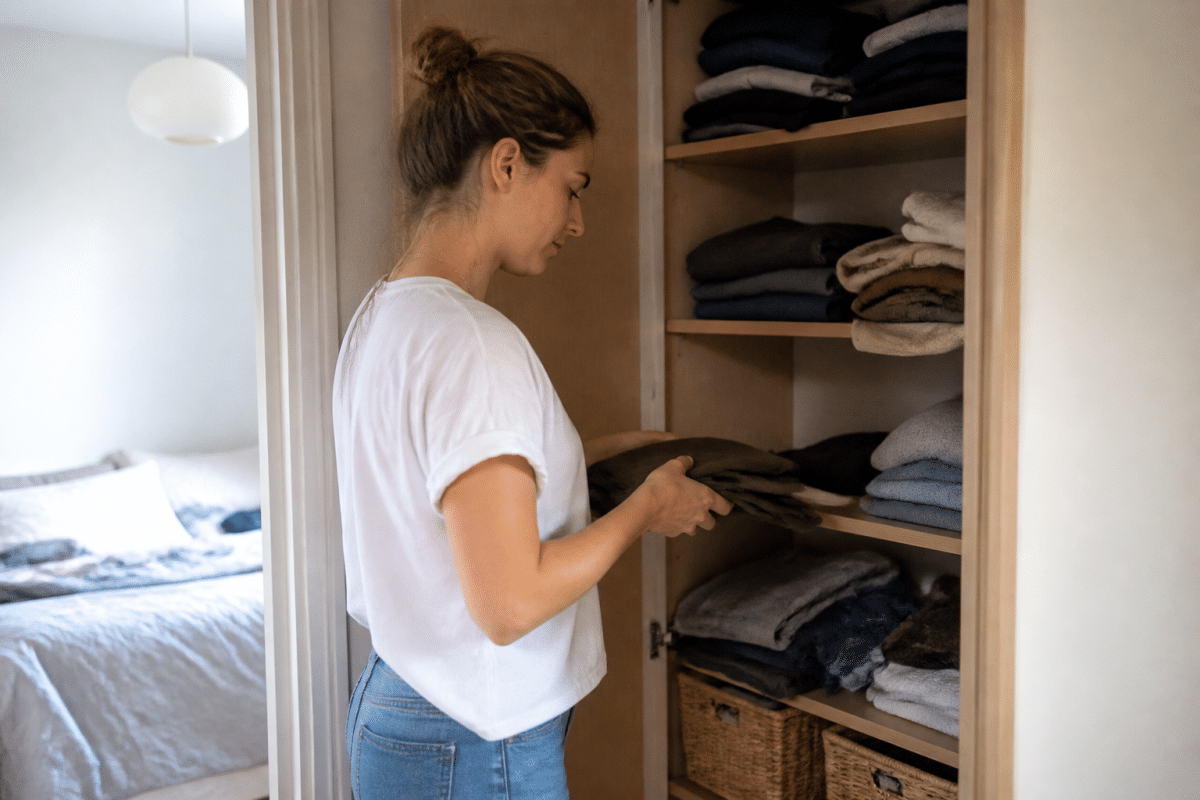Vetement range dans armoire ouverte et assiette propre
